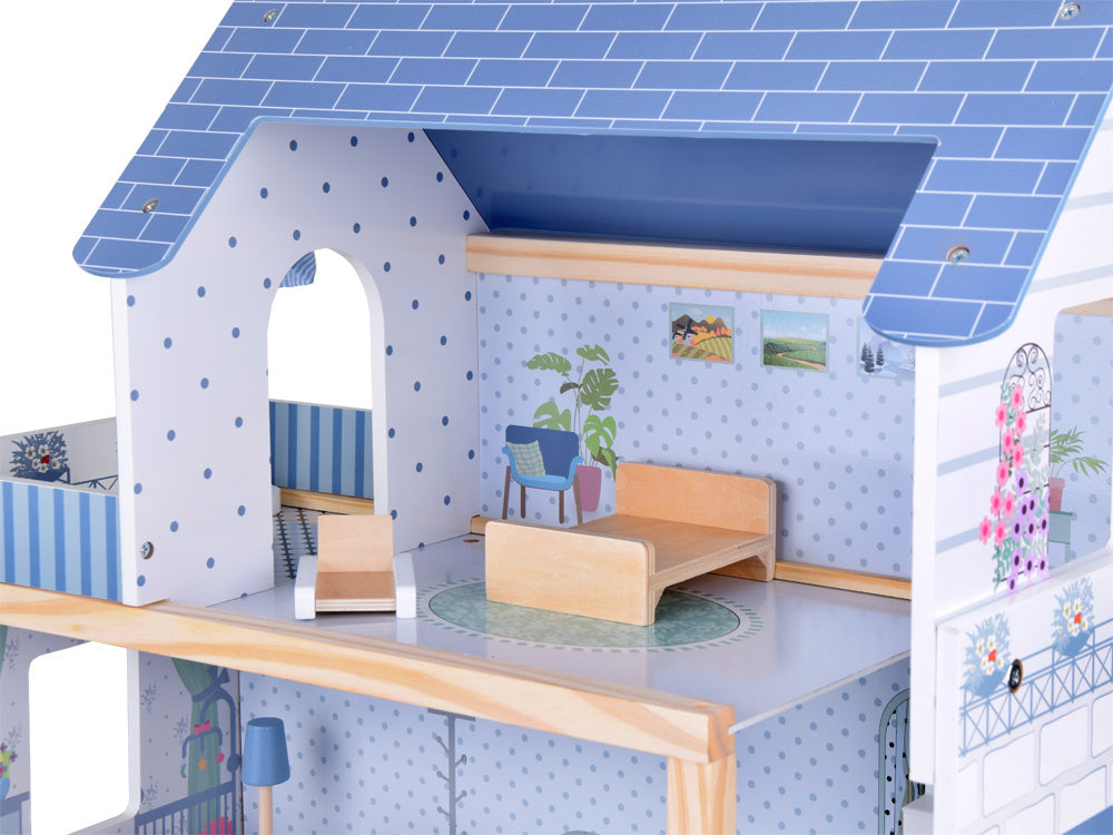 Medinis 3-jų aukštų lėlių namelis su baldais, mėlynas