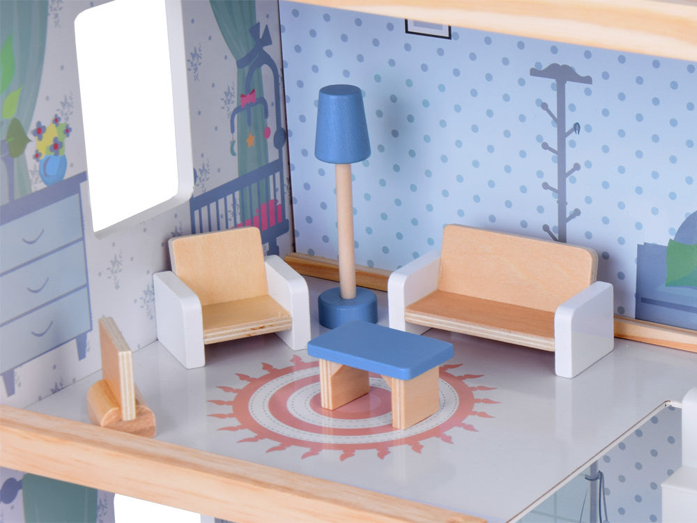 Medinis 3-jų aukštų lėlių namelis su baldais, mėlynas