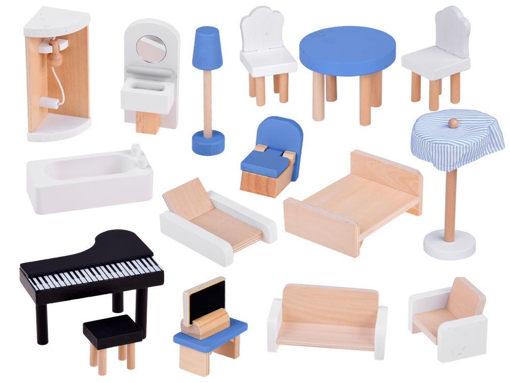 Medinis 3-jų aukštų lėlių namelis su baldais, mėlynas