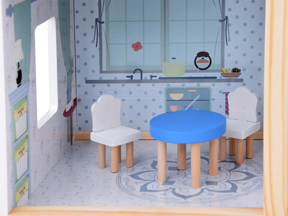 Medinis 3-jų aukštų lėlių namelis su baldais, mėlynas