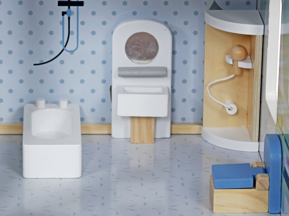 Medinis 3-jų aukštų lėlių namelis su baldais, mėlynas