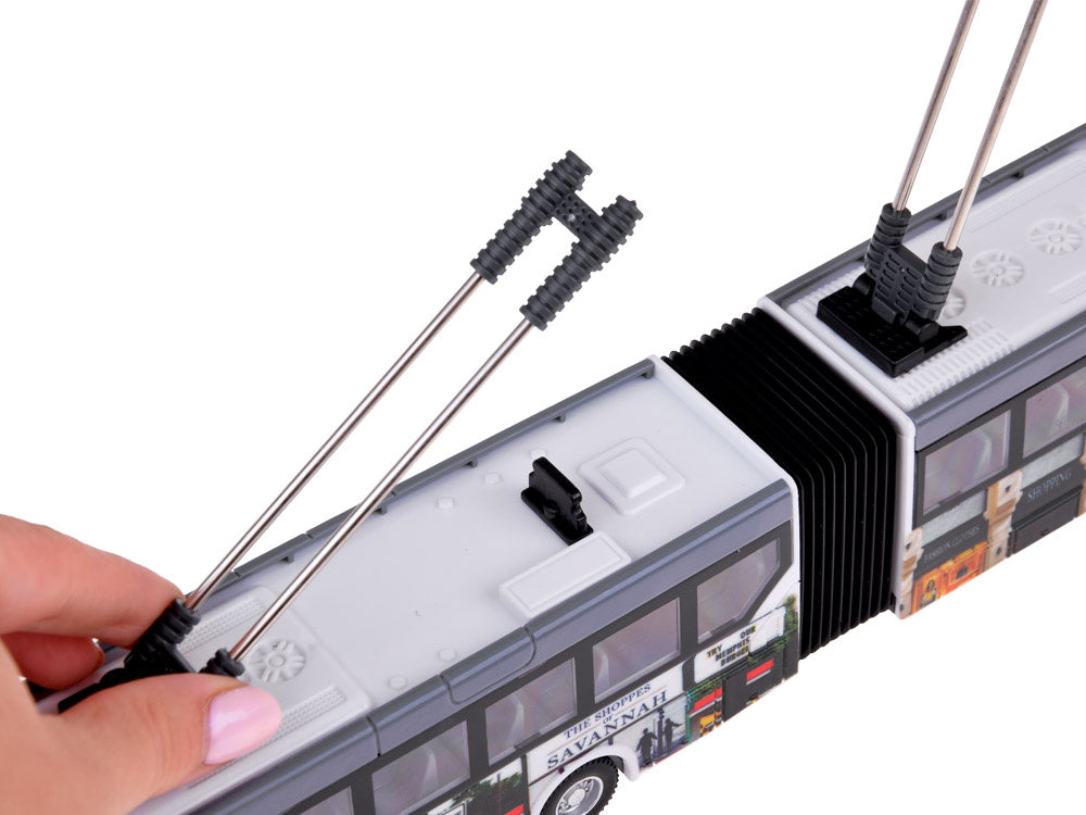 Nuotoliniu būdu valdomas dvigubas troleibusas 36 cm, baltas