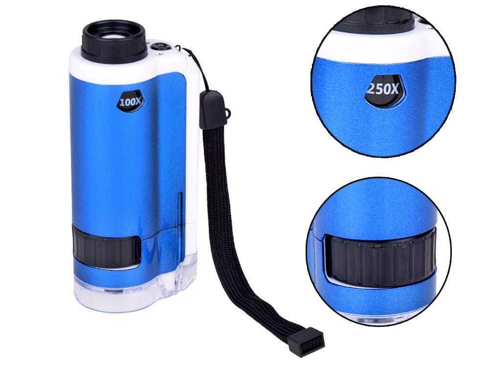 Kišeninis mikroskopas vaikams 100x 250x, mėlynas