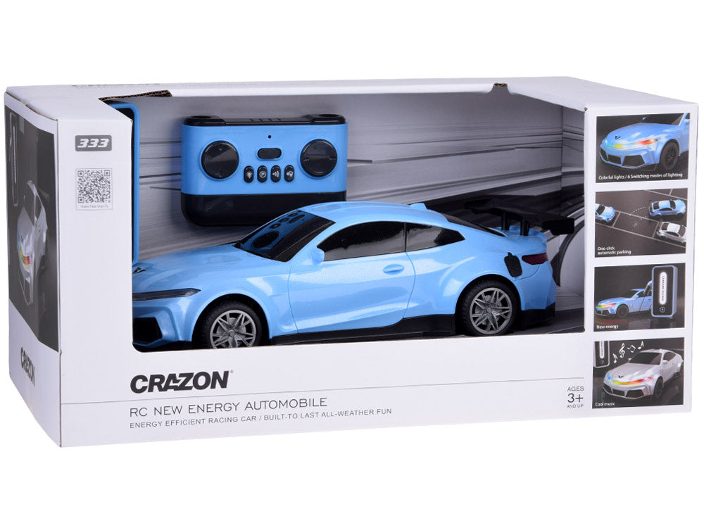 Nuotoliniu būdu valdomas lenktyninis automobilis su šviesos ir garso efektais, mėlynas