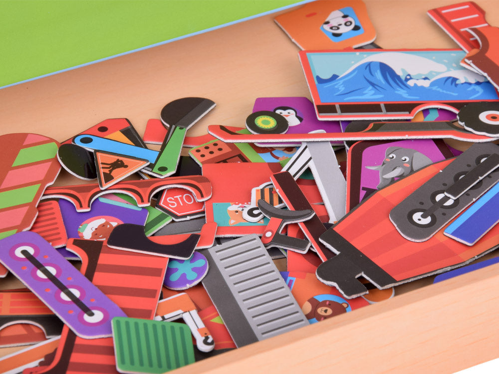 Magnetinė lenta su statybinių transporto priemonių dėlionėmis 2in1