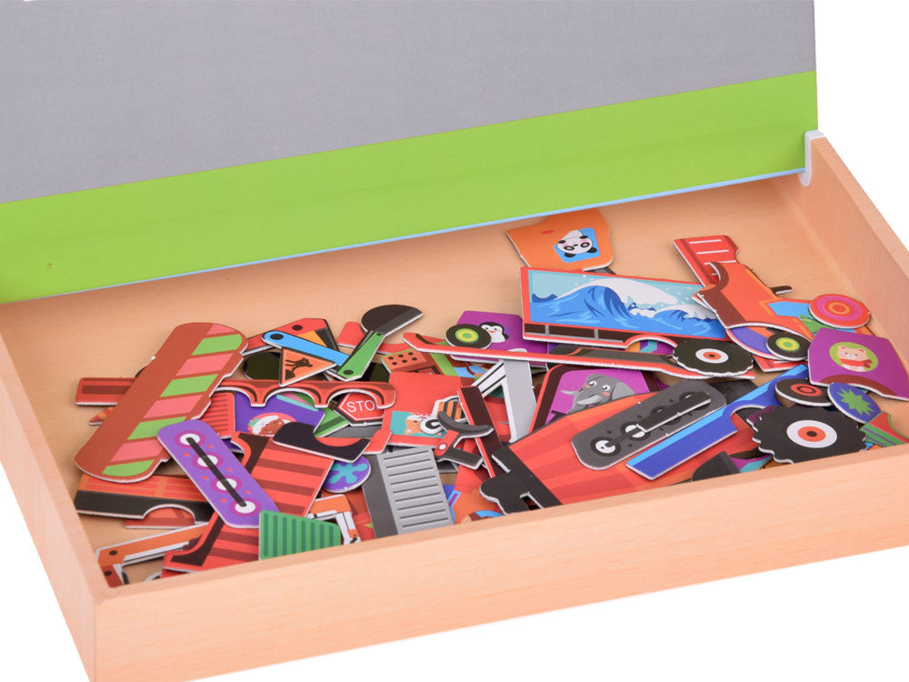 Magnetinė lenta su statybinių transporto priemonių dėlionėmis 2in1