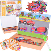 Magnetinė lenta su statybinių transporto priemonių dėlionėmis 2in1