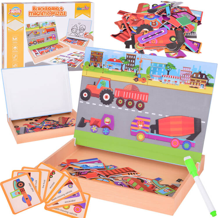 Magnetinė lenta su statybinių transporto priemonių dėlionėmis 2in1