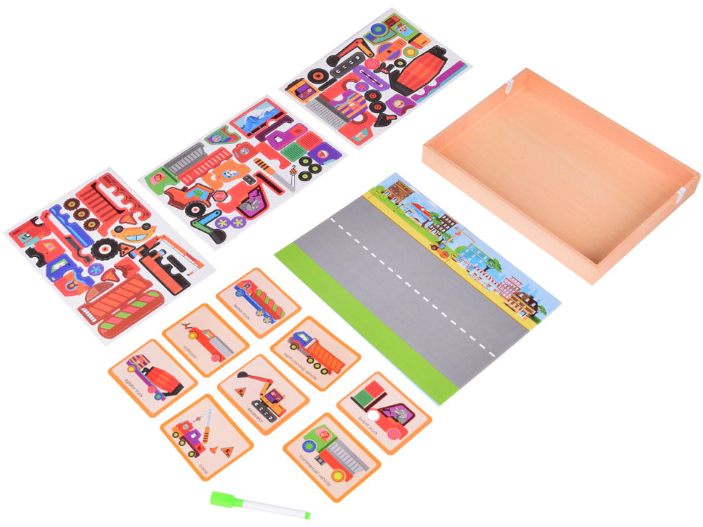 Magnetinė lenta su statybinių transporto priemonių dėlionėmis 2in1