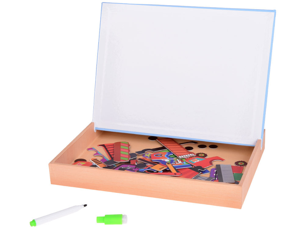 Magnetinė lenta su statybinių transporto priemonių dėlionėmis 2in1