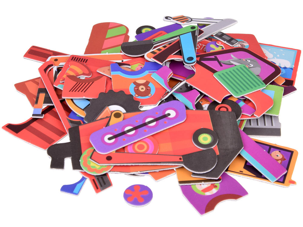 Magnetinė lenta su statybinių transporto priemonių dėlionėmis 2in1