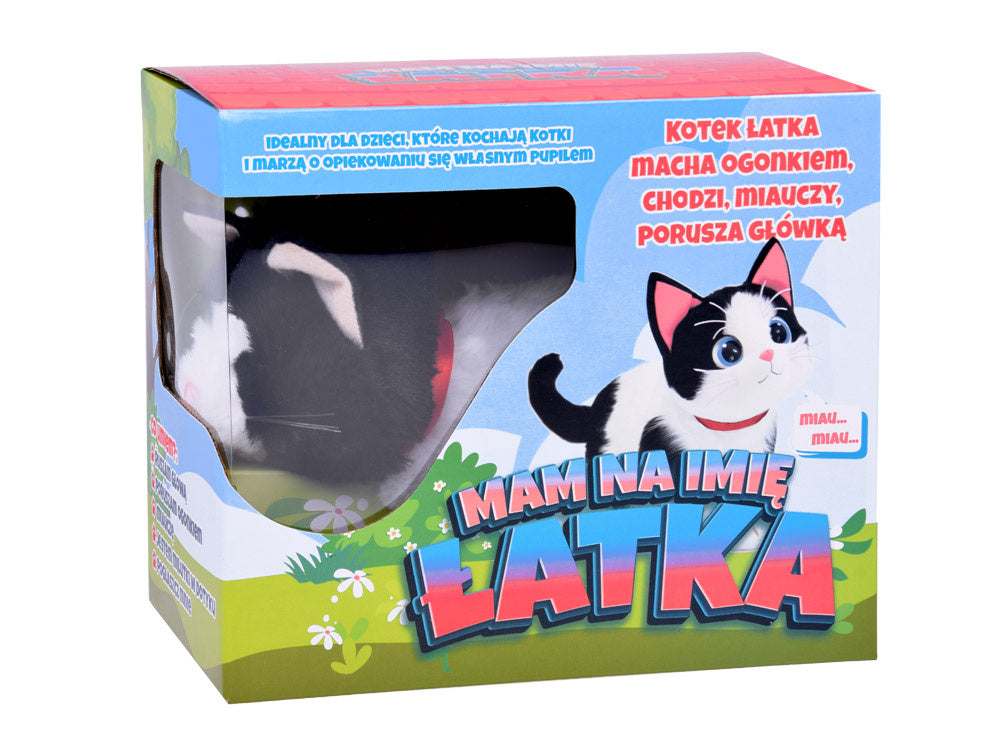 Interaktyvus pliušinis katinas vaikams, baltai juodas