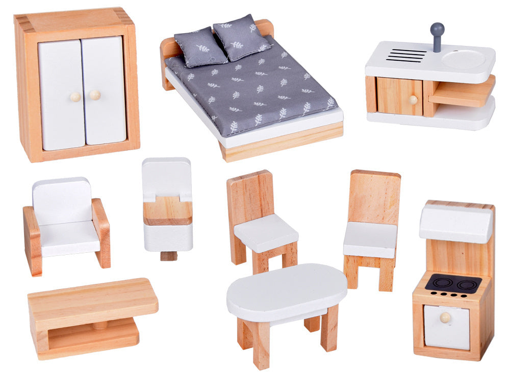 Žavus medinis lėlių namelis su baldais