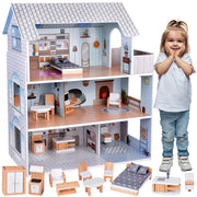 Žavus medinis lėlių namelis su baldais