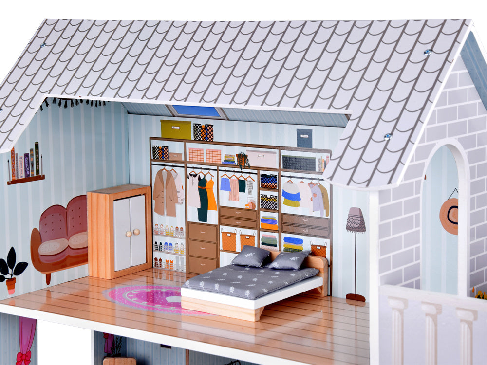 Žavus medinis lėlių namelis su baldais