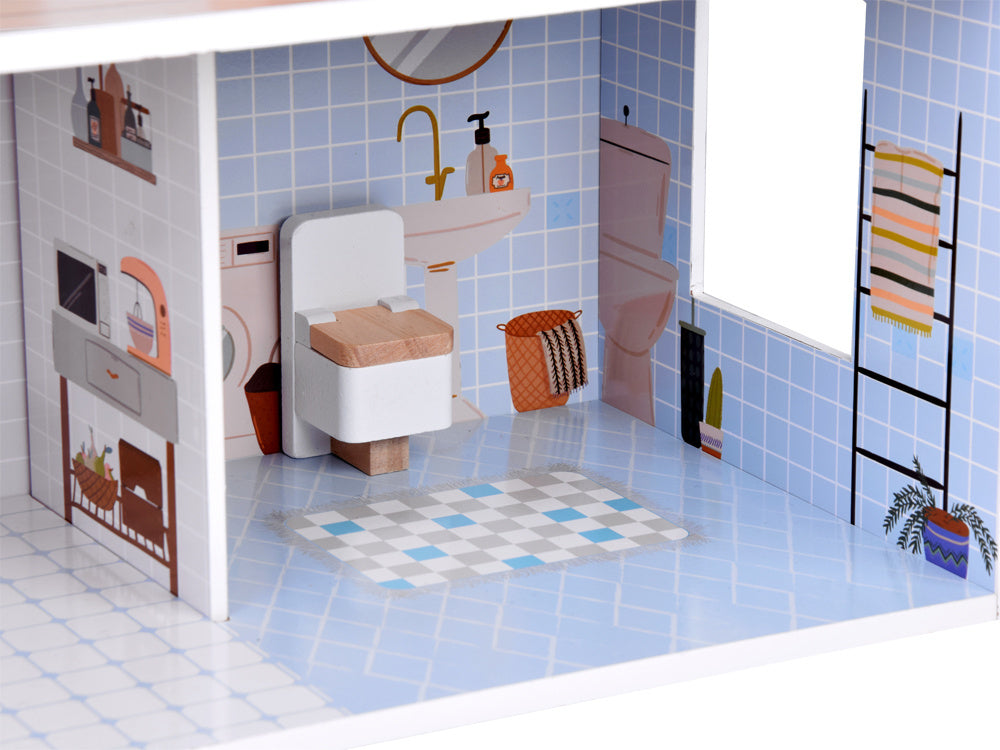 Žavus medinis lėlių namelis su baldais