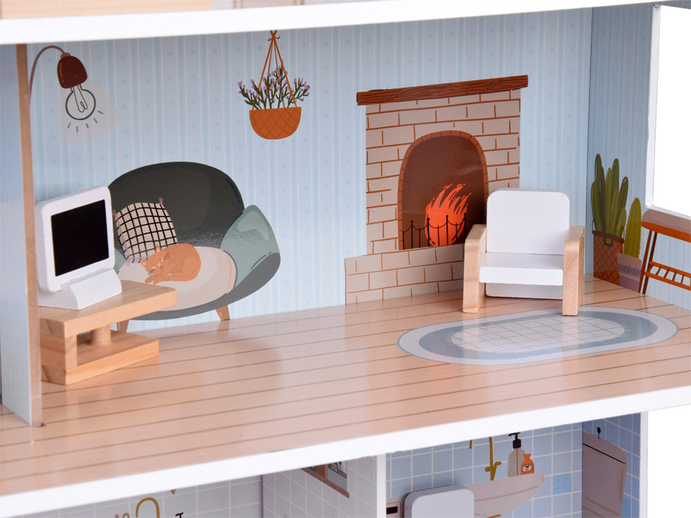 Žavus medinis lėlių namelis su baldais