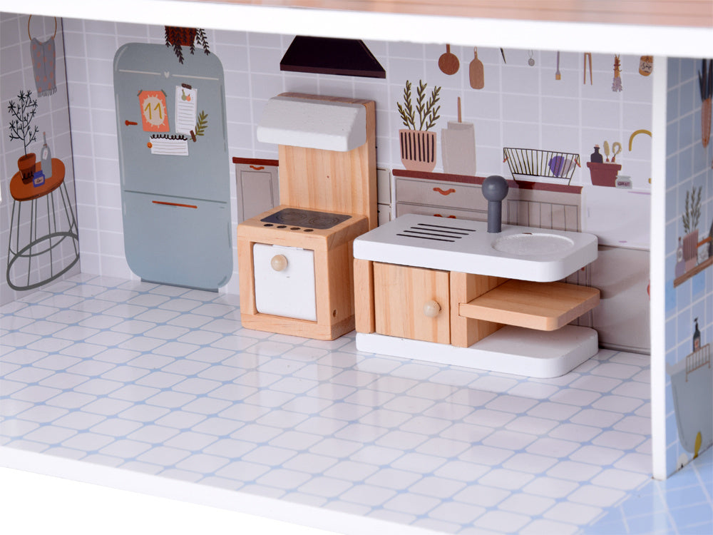 Žavus medinis lėlių namelis su baldais