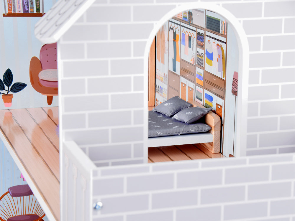 Žavus medinis lėlių namelis su baldais