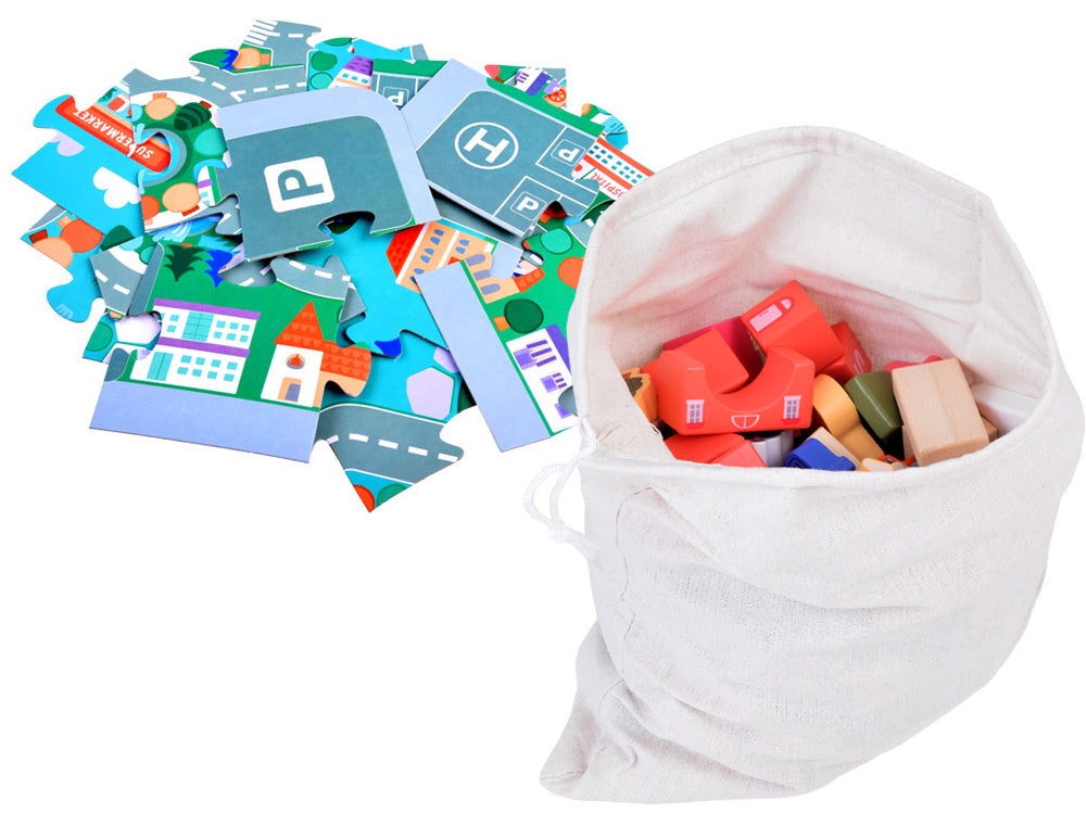 Medinių statybinių kaladėlių rinkinys su dėlionės kilimėliu 115 el.