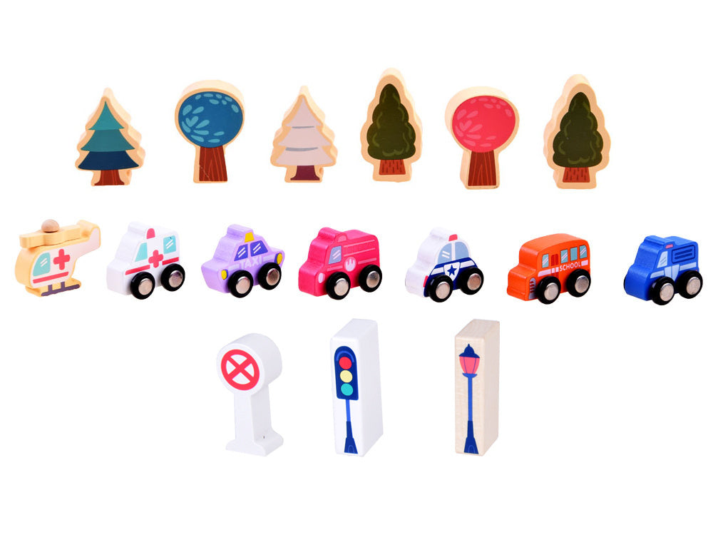 Medinių statybinių kaladėlių rinkinys su dėlionės kilimėliu 115 el.