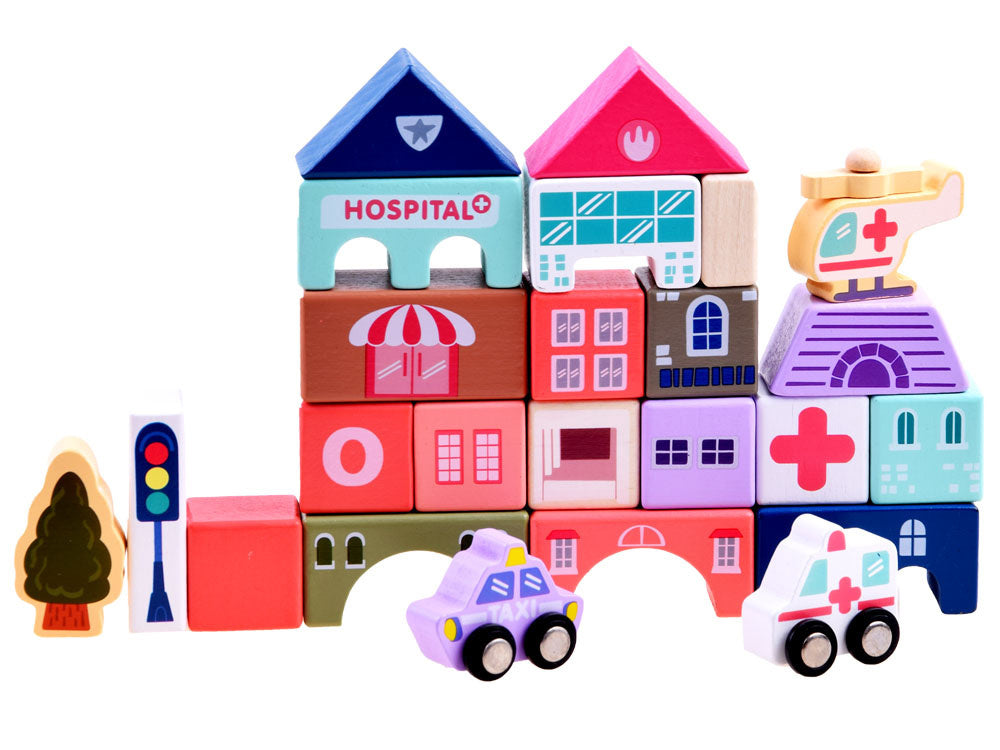 Medinių statybinių kaladėlių rinkinys su dėlionės kilimėliu 115 el.