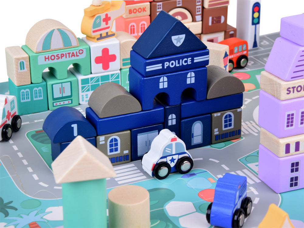 Medinių statybinių kaladėlių rinkinys su dėlionės kilimėliu 115 el.