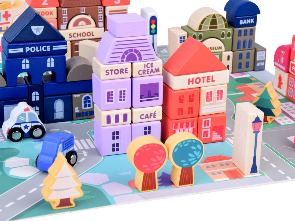 Medinių statybinių kaladėlių rinkinys su dėlionės kilimėliu 115 el.