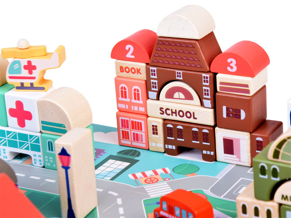 Medinių statybinių kaladėlių rinkinys su dėlionės kilimėliu 115 el.