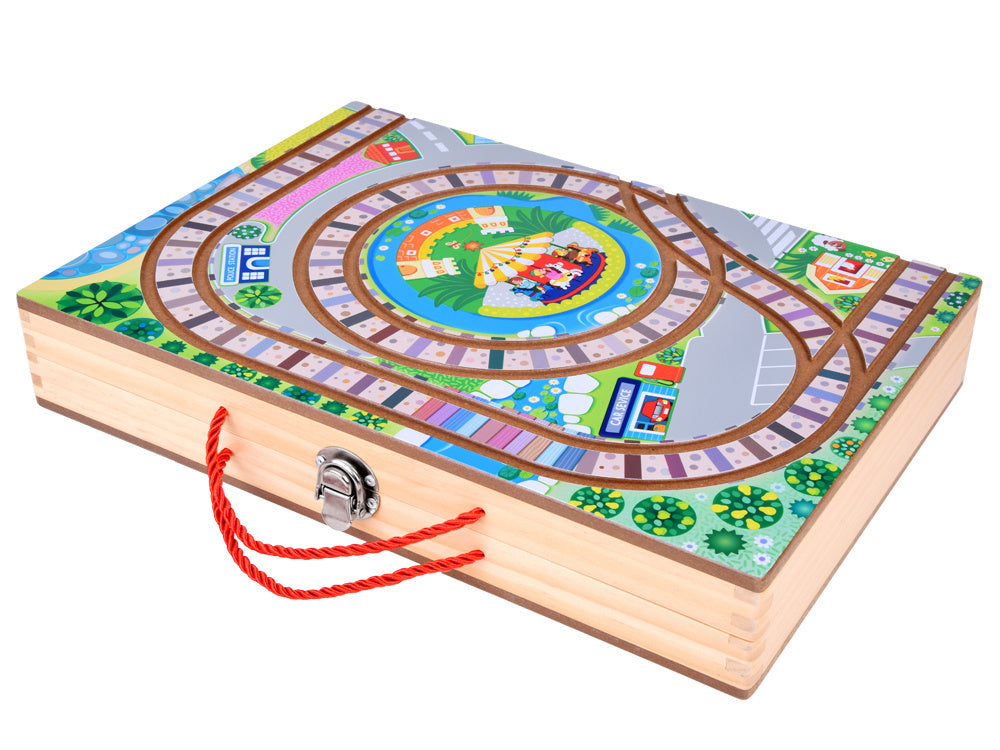 Medinis kaladėlių rinkinys vaikams su traukiniu ir priedais 89 el.