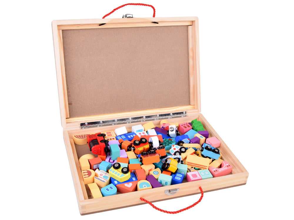 Medinis kaladėlių rinkinys vaikams su traukiniu ir priedais 89 el.