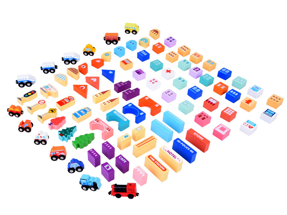 Medinis kaladėlių rinkinys vaikams su traukiniu ir priedais 89 el.