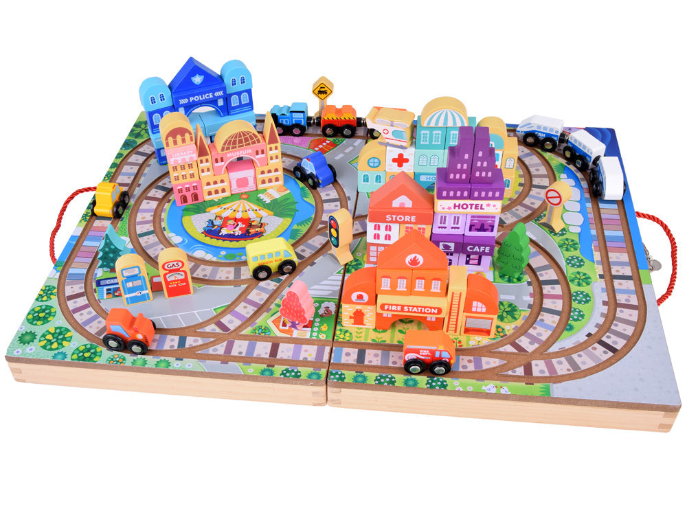 Medinis kaladėlių rinkinys vaikams su traukiniu ir priedais 89 el.