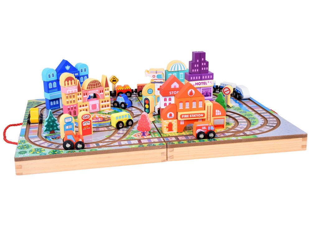 Medinis kaladėlių rinkinys vaikams su traukiniu ir priedais 89 el.