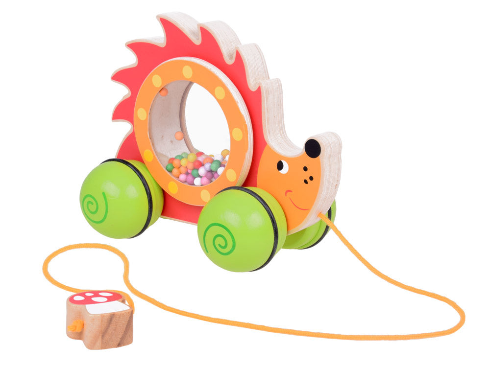 Medinis ežiukas ant ratukų su spalvotais kamuoliukais