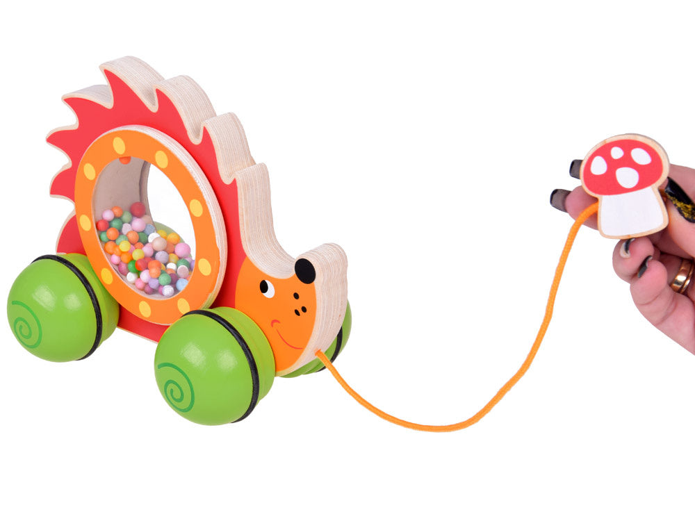 Medinis ežiukas ant ratukų su spalvotais kamuoliukais