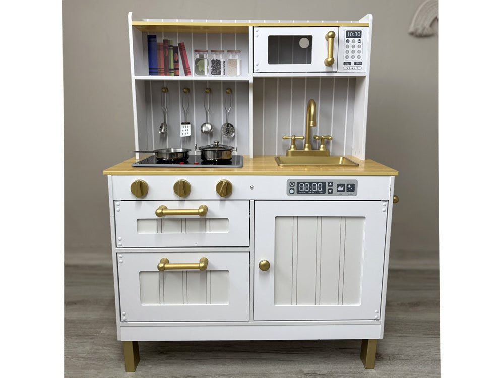 Elegantiška medinė virtuvė su priedais, šviesos ir garso efektais, balta