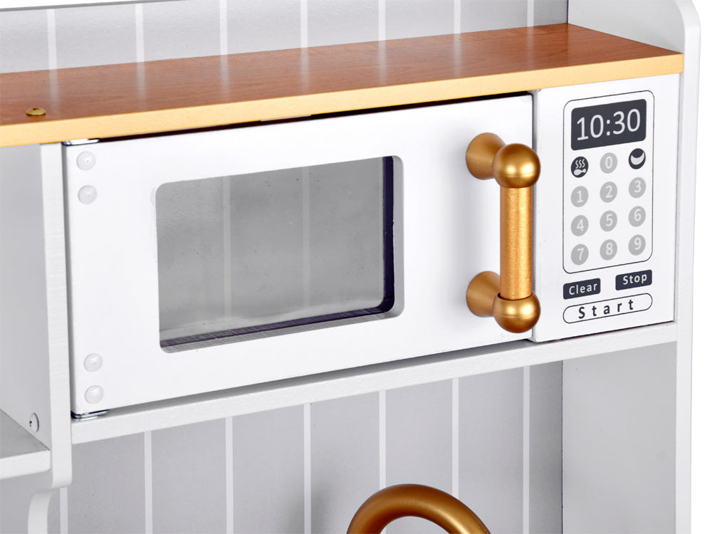 Elegantiška medinė virtuvė su priedais, šviesos ir garso efektais, balta