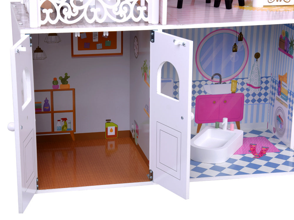 Didelis medinis lėlių namelis su liftu, garažu ir baldais