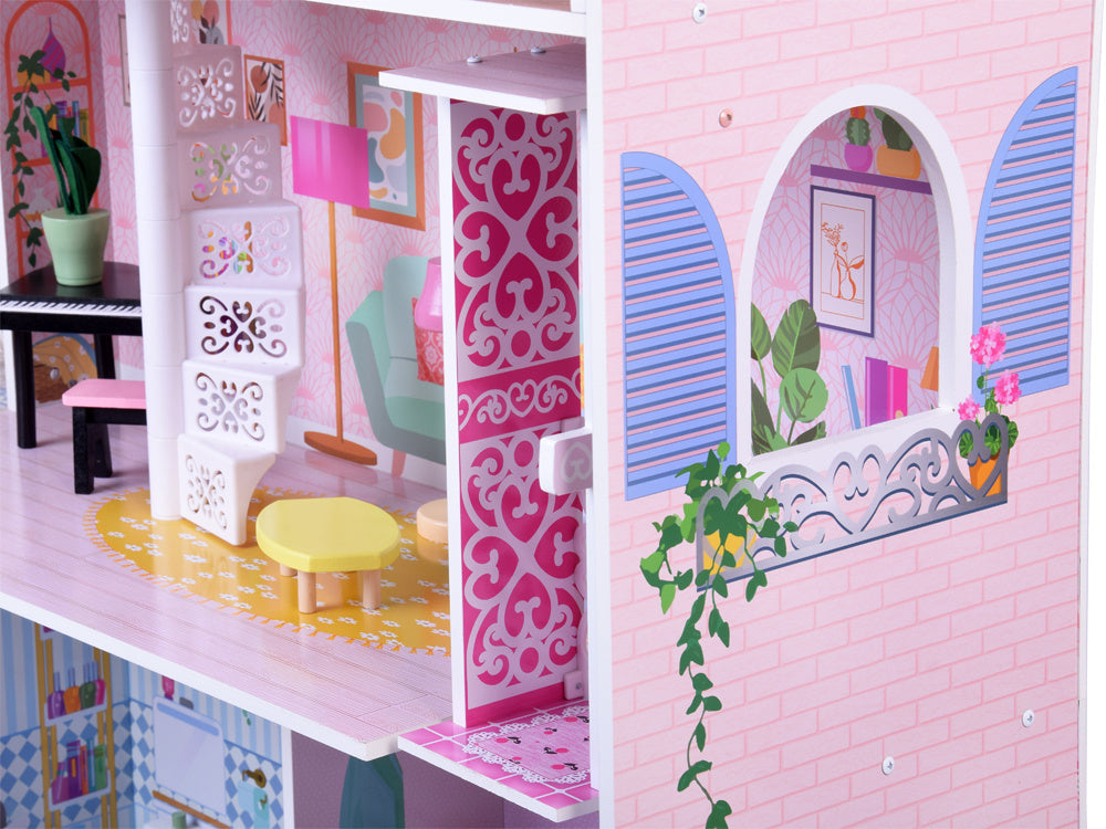 Didelis medinis lėlių namelis su liftu, garažu ir baldais