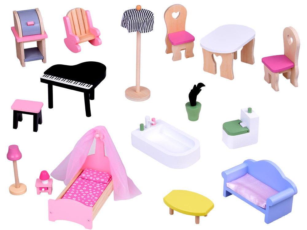 Didelis medinis lėlių namelis su liftu, garažu ir baldais