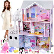 Didelis medinis lėlių namelis su liftu, garažu ir baldais