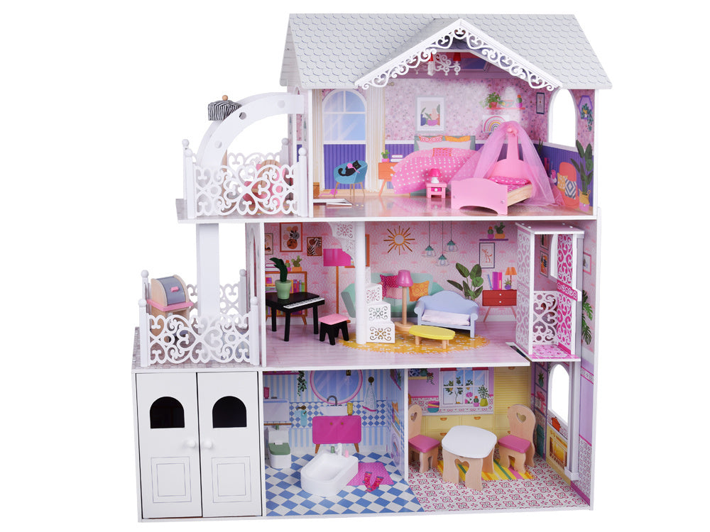 Didelis medinis lėlių namelis su liftu, garažu ir baldais