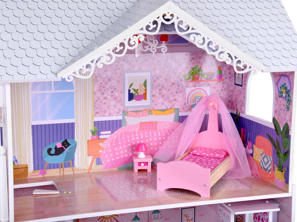 Didelis medinis lėlių namelis su liftu, garažu ir baldais