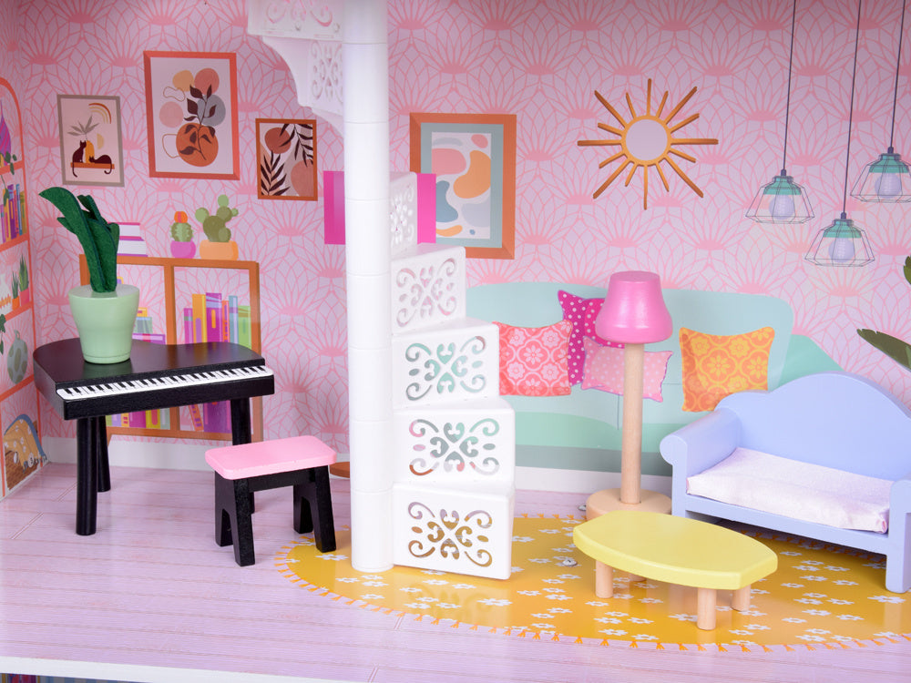 Didelis medinis lėlių namelis su liftu, garažu ir baldais