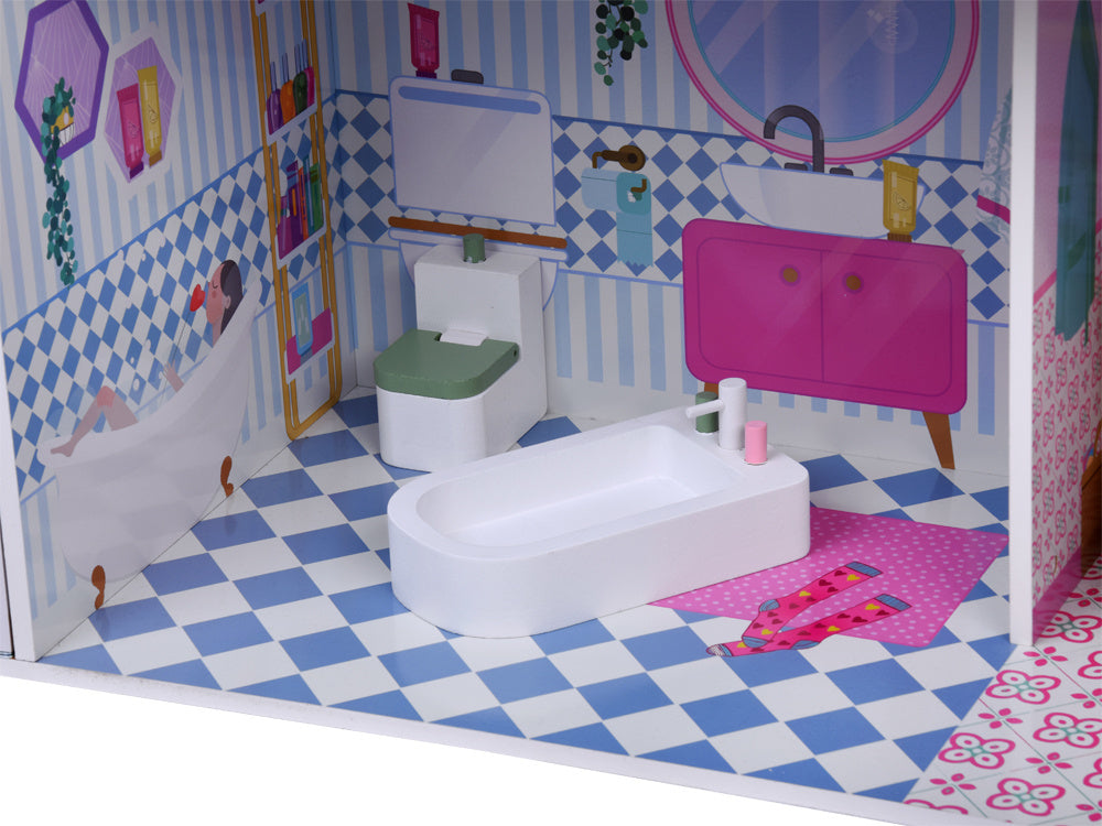 Didelis medinis lėlių namelis su liftu, garažu ir baldais