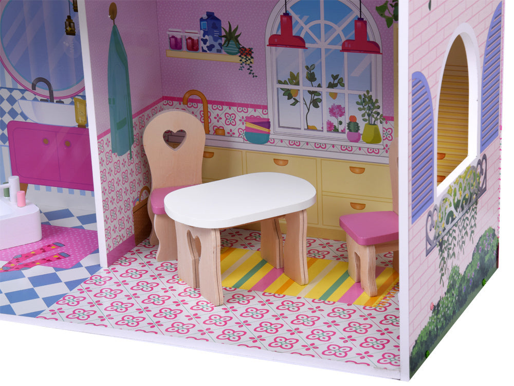 Didelis medinis lėlių namelis su liftu, garažu ir baldais