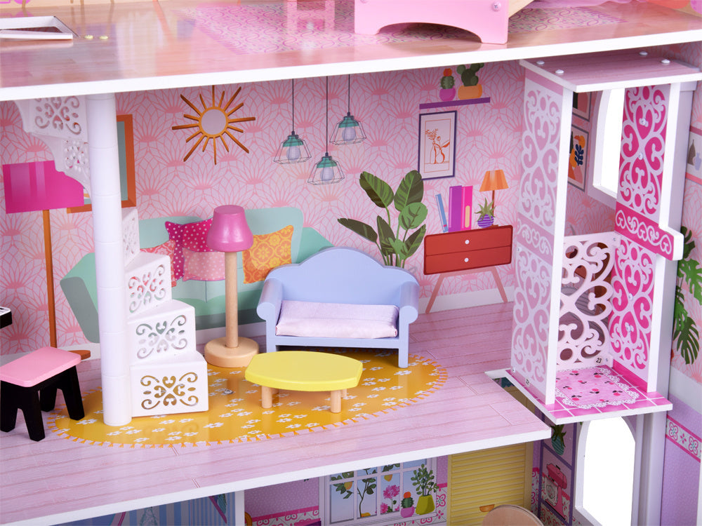 Didelis medinis lėlių namelis su liftu, garažu ir baldais