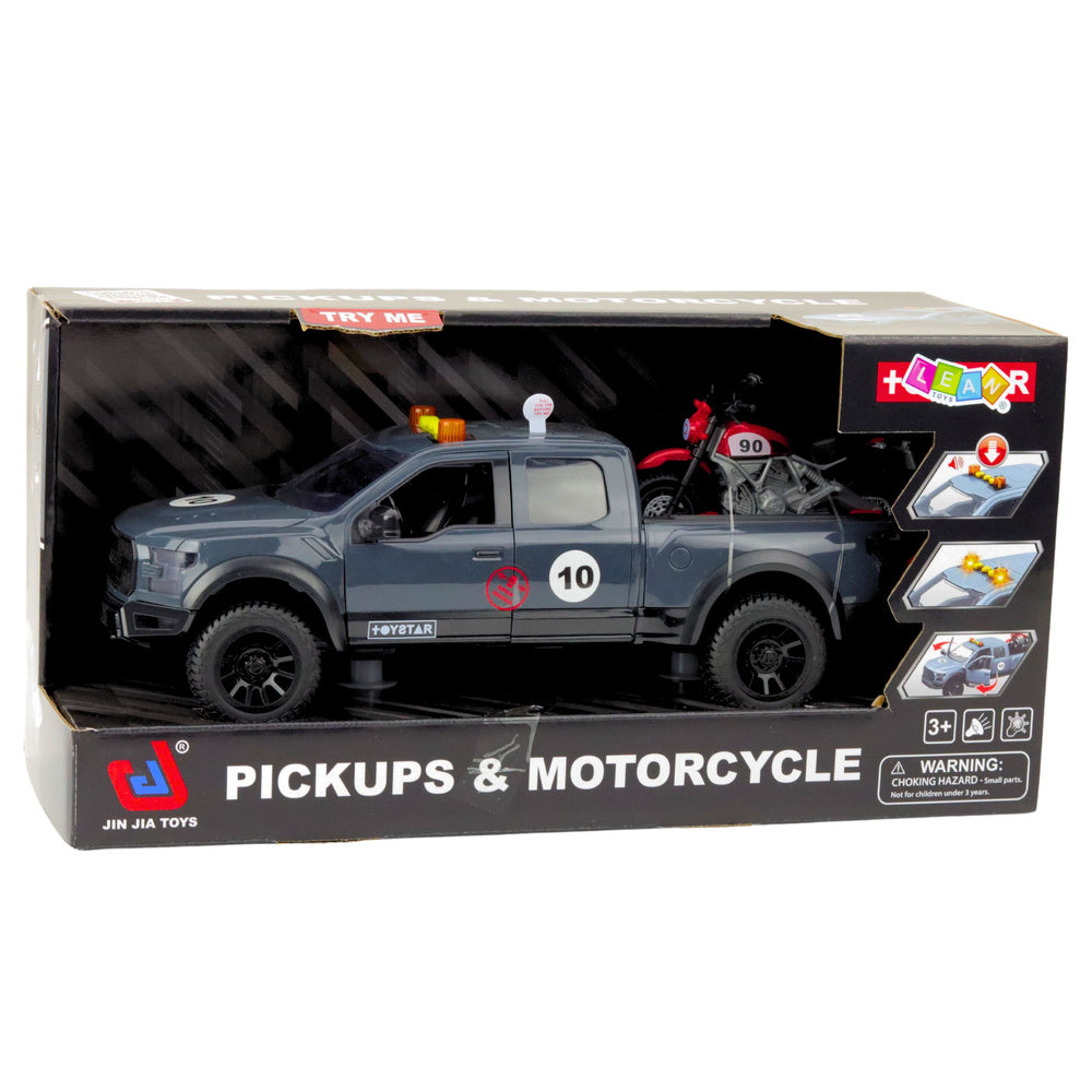 Žaislinis automobilis „Pikapas“ su motociklu garso ir šviesos efektais 1:12, pilkas