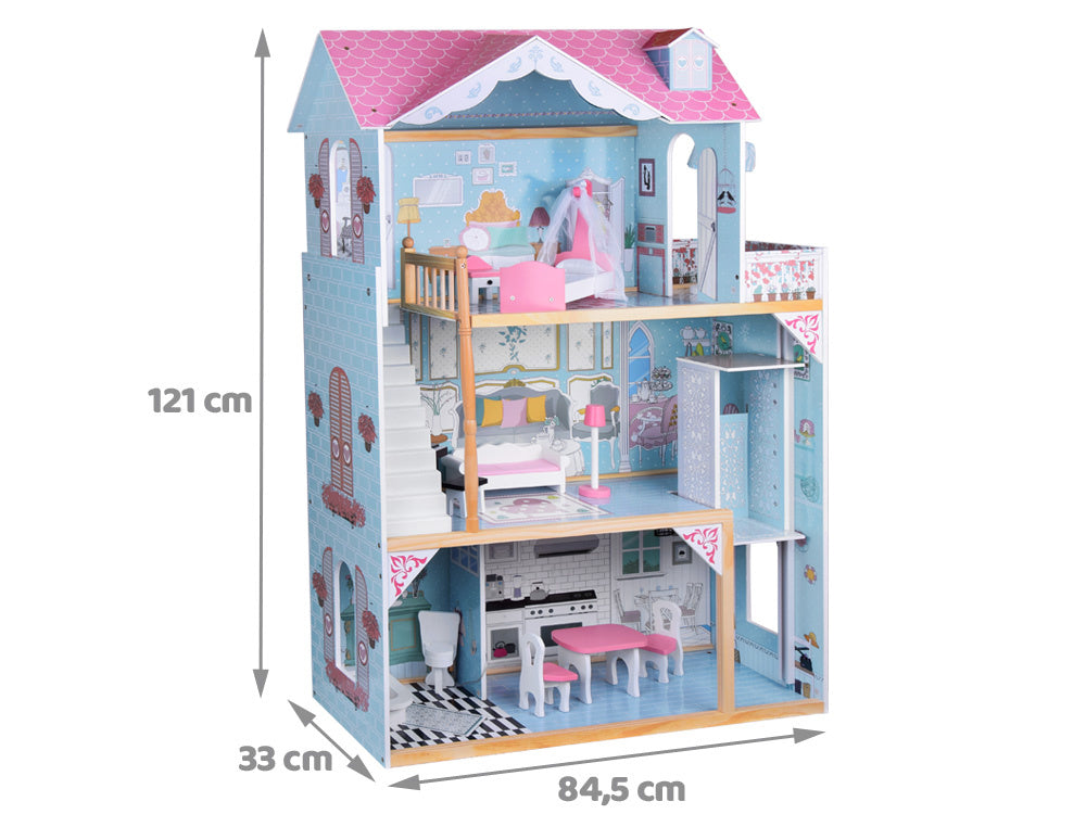 Didelis medinis lėlių namelis su baldai